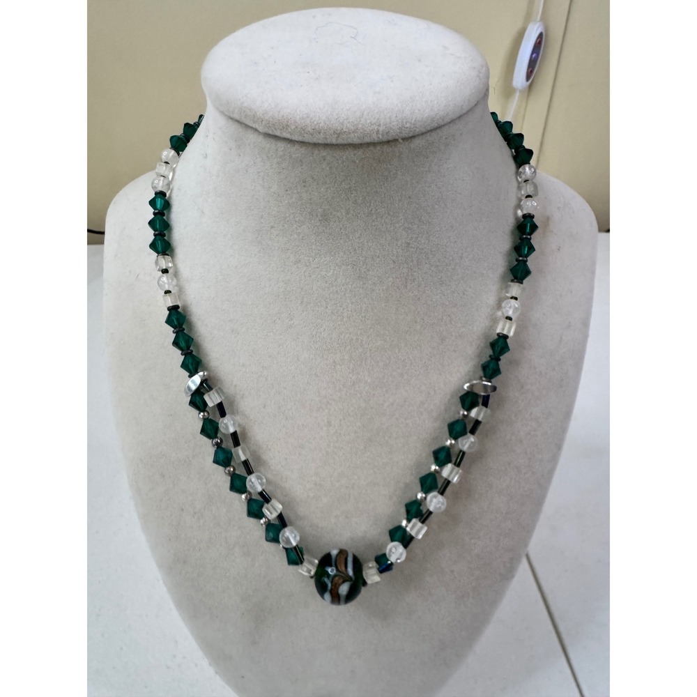 Artisan Beaded Necklace Green Crystal White Faceted Gemstone Statement Pendant